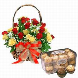 24 red and yellow roses basket+16 pieces ferrero rocher chocolates
