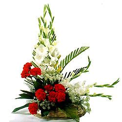 White Gladiolli with Red Carnations Basket