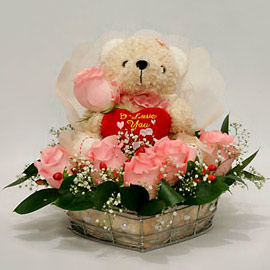 Dozen Pink Roses+ Teddy+Heart  in a Basket