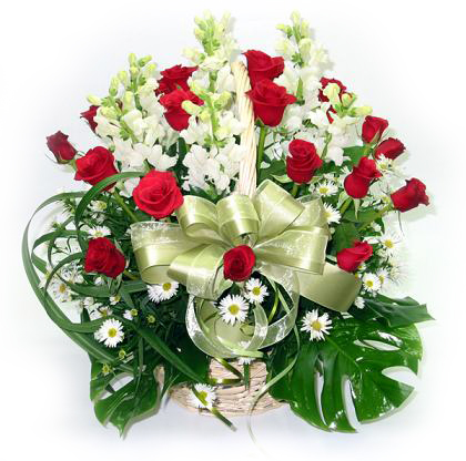 Red Roses and White Flowers Basket