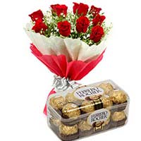 12 Red Roses+16 Pieces Ferrero Rocher Chocolates