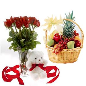 12 red roses in Vase+Fruits basket+Teddy