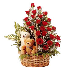 Red Roses basket with Two Teddies